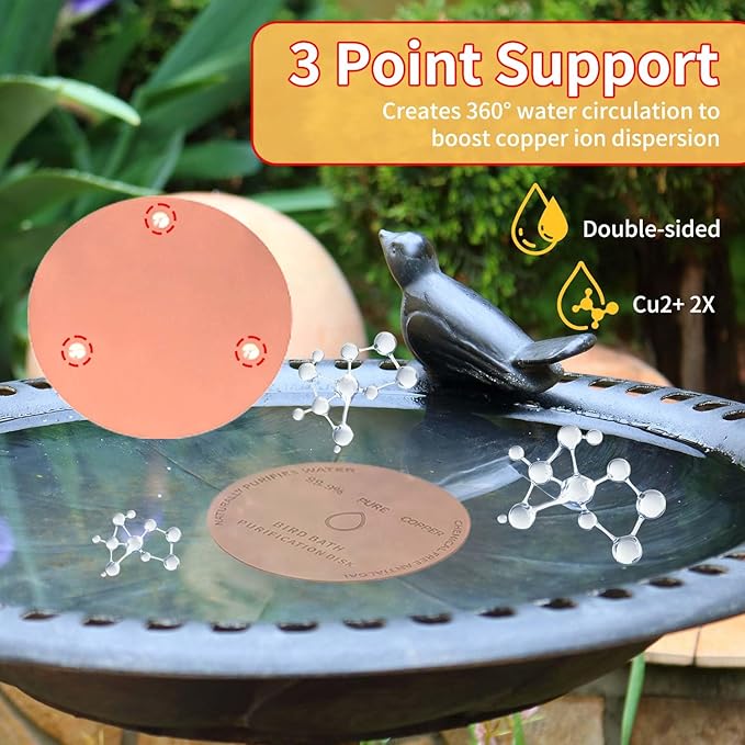 LUPING 2PCS Bird Bath Copper Disk, 99.99% Pure Copper Disk with Triple Point Support for All Season Long Outdoor Birdbaths Water Features Fountains Cleaning