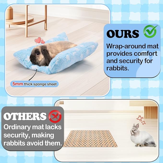 MEWTOGO 15.7 x 14In Rabbit Bed - Thickened Soft Bunny Concave Bed, Cuddle Cushion Plush Mat with Cotton Lounger Pillows for Cage Sleeping Indoor Bunny Gifts, Light Blue-Star
