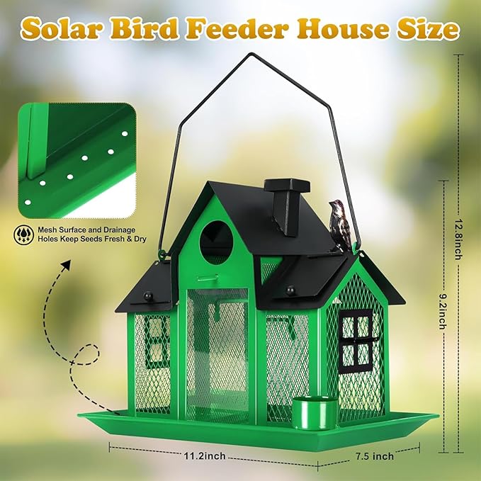 Solar Bird Feeders House for Outside Hanging, Metal Wild Bird Feeder for Outdoors Large Capacity Cardinal Birdfeeder Birdhouses Metal Bird Feeding Station Green