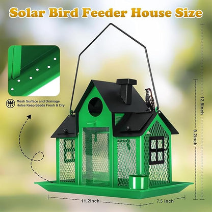 Solar Bird Feeders House for Outside Hanging, Metal Wild Bird Feeder for Outdoors Large Capacity Cardinal Birdfeeder Birdhouses Metal Bird Feeding Station Green