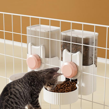 Hanging Cage Automatic Small Pet Food Bowl Water Bottle Dispenser, 1L Auto Gravity Pet Feeder and Waterer Set Kennel Feeding Station Crate Feeder Dish for Rabbit Puppy Cats Ferret (Pink)