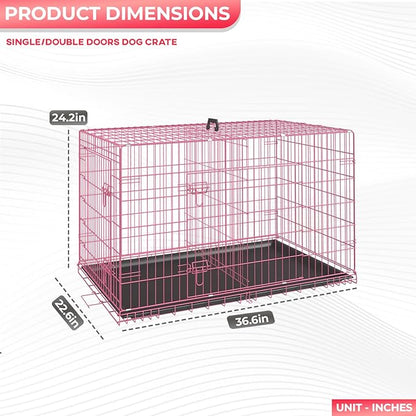FDW Dog Crate Dog Kennel Cage with Double Door,36 inch Folding Metal Wire Dog Cage with Removable Tray&Divider Panel,Pet Crate for Medium Dogs,Pink