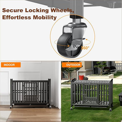 Upgraded 43.8 inch Heavy Duty Dog Crate, Reinforced Thickened Steel Frame Indestructible Kennel for Large & High Anxiety Dogs, Escape Proof Design with 3 Doors, 4 Lockable Wheels and 2 Removable Trays