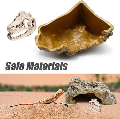 Reptile Rock Reptile Cave Hideout for Snakes/Geckos/Lizards/Turtles and Other Amphibians, with Dinosaur Skull (Small)