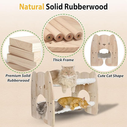 Extra Large Elevated Cat Bed, Solid Rubberwood Cat Hammock Bed with Soft Breathable Cover, Double Pet Beds for Multi-Cats Households Small Dog Rabbit