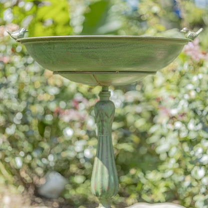 Zaer Ltd. Ornate Metal Pedestal Style Birdbath with Cast Iron Birds on Rim Full Base (Green)
