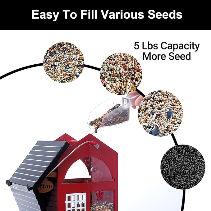 Squirrel Proof Bird Feeders All Metal Bird Seed House Feeder for Outdoors Hanging Weight Activated 5 LB Large Capactiy Easy to Fill & Clean for Outsides Wild Birds Durable & Attract, Red