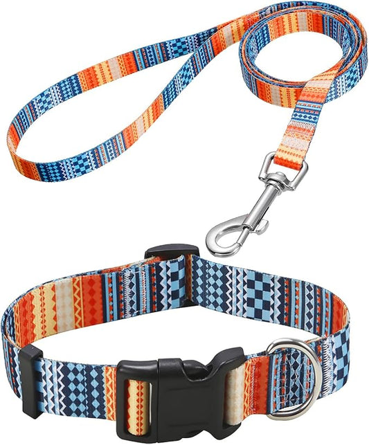 Dog Collar and Leash Set with Bohemia Floral Tribal Geometric Patterns - Soft Ethnic Style Collar Adjustable for Small Medium Large Dogs(Bohemian Orange Set,S)