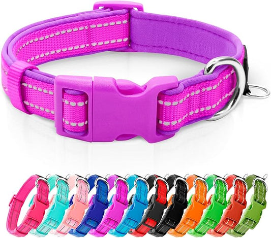 azuza Reflective Dog Collar, Soft Neoprene Padded Pet Collar with ID Tag Ring, Adjustable for Medium Dogs,Purple,M