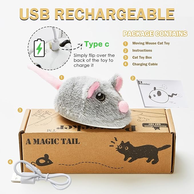 Cat Toys Squeaky Rechargeable Moving Mouse with Dynamic Magic Tail, Automatic Self Play Mouse Interactive Cat Toy for Indoor Cats, Electric Motion Activated Mice Toys for Kitten(Gray)