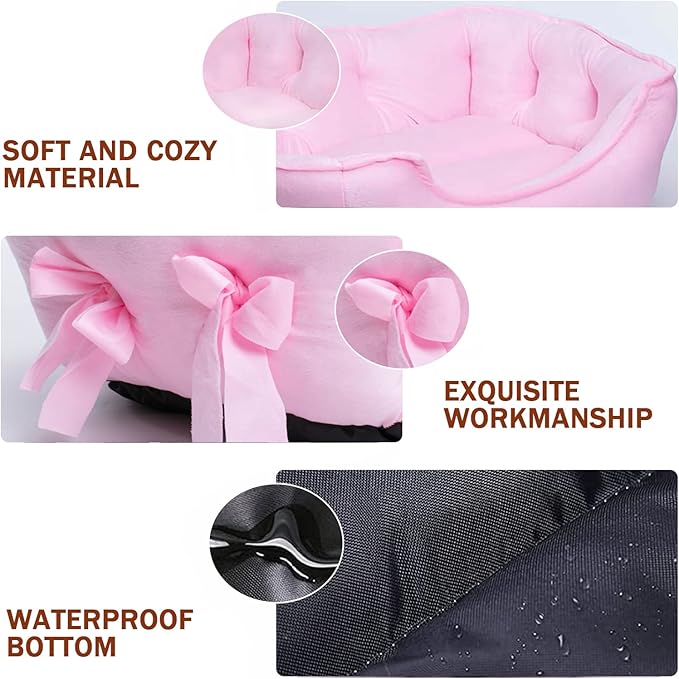 pawstrip Cute Princess Dog Bed Pink Puppy Bed for Small Dogs Breathable Cat Couch Bowknot Pet Cushion Comfortable Kitten Nest Girl Doggy Sofa, Waterproof Bottom (Pink)