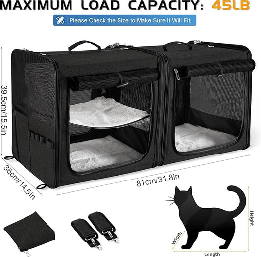 Suertree Cat Carrier for 2 Cats, Pet Travel Carrier with Litter Box for Cats and Small Dogs Up to 45 Lbs, Bowls, and Locking Zippers, Black