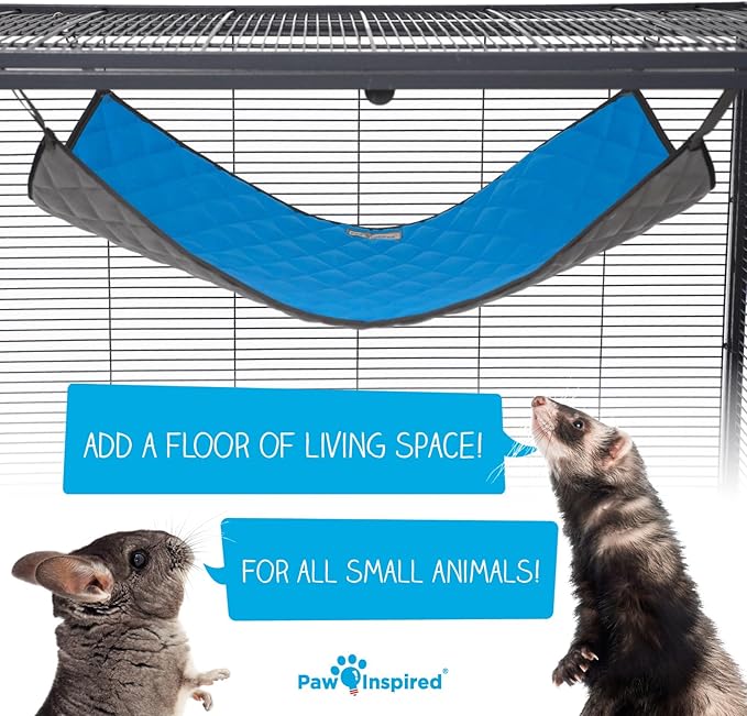 Paw Inspired Hanging Fleece Hammock for Ferrets, Rats, Chinchillas, Sugar Gliders, Small Pets | Hideout Toy for Guinea Pigs, Hamsters | Swivel Clips for Small Animal Cages (Gray/Blue)