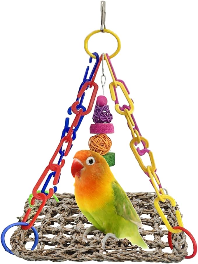 Bird Swing Toy Seagrass Mat, Natural Sea-Weed Woven Parrot Hammock Swing Bird Net Hammock Mat Climbing Swing Mat with Colorful Chewing Rope Toys for Parakeets, Budgie,Conure,Cockatiel,Lovebird