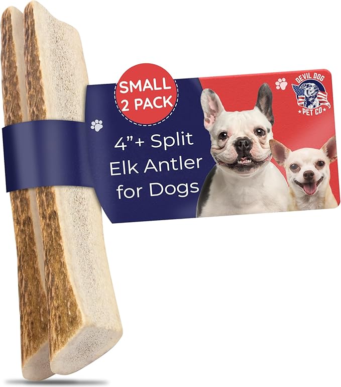 Devil Dog Pet Co. Split Elk Antlers for Dogs, Small 4"+, 2 Pack, Grade A Long Lasting Chew for Aggressive Chewers, Premium USA Naturally Shed Antler – Healthy, No Odor, Durable Dog Chew