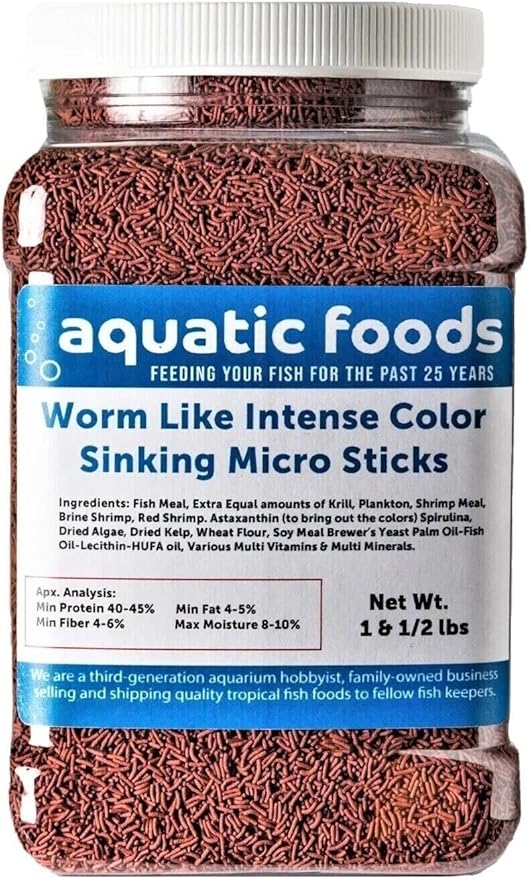 Aquatic Foods Inc. Worm Like Intense Color Enhancing Sinking Micro Sticks for Discus, Cichlids, Koi and Pond Fish, All Tropical Fish…1-lb & 8oz Med Jar
