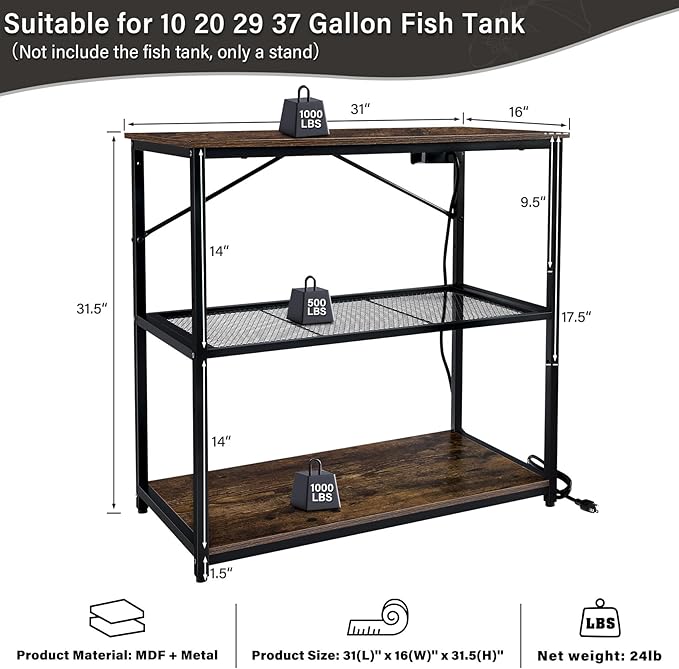 TC-HOMENY Fish Tank Stand 10,20,29,37 Gallon, Aquarium Stand with adjustable shelf,1000LB Capacity ,31" L x 16" W Metal Reptile Tank Stand, Double Storage Design Adjustable Boards, Brown