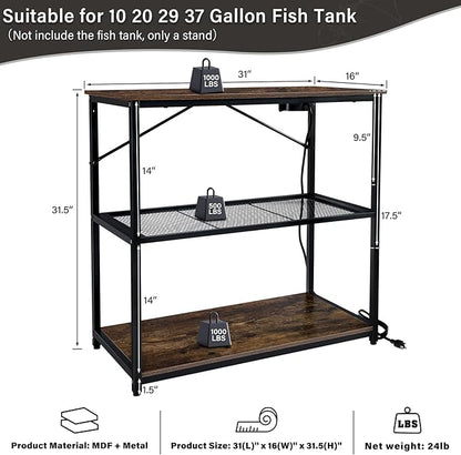 TC-HOMENY Fish Tank Stand 10,20,29,37 Gallon, Aquarium Stand with adjustable shelf,1000LB Capacity ,31" L x 16" W Metal Reptile Tank Stand, Double Storage Design Adjustable Boards, Brown