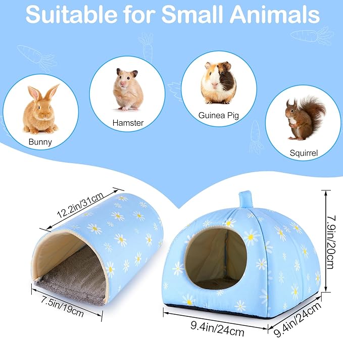Bienbee Guinea Pig Hideout, Washable Rabbit Bed with Guinea Pig Tunnel, 2 Pack Guinea Pigs Toys Set Bunny Hideout Cage Accessories for Hamster Ferret Rabbits Bunny, Blue Daisy