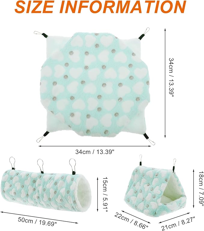 Ferret Hammock, Small Pet Cage Accessories, Ferret Bed, Pet Cage Hammock Hanging Tunnel and Bed Hideout Set for Hamster Squirrel Rabbit, Green, 3Pcs