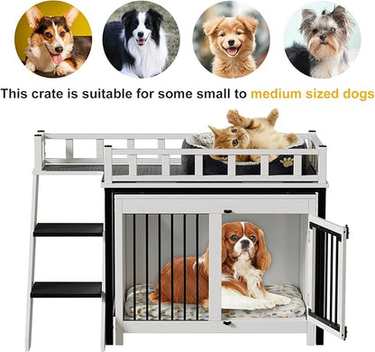 PAKASEPT Dog Crate Furniture, Pet Bunk Bed with Stairs and Storage, Dogs/Cats Window Perch, with Multi-Purpose Blanket and Fluffy Dog Bed for Small Medium Size