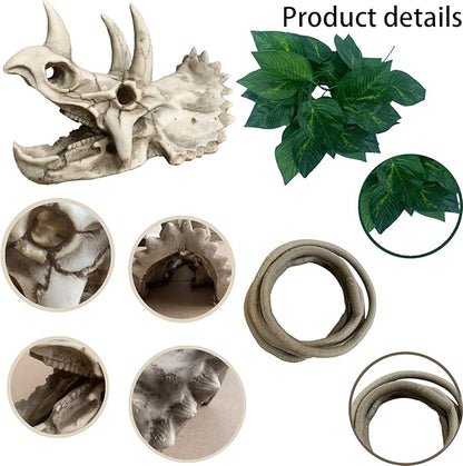Bearded Dragon Resin Triceratops Skull Hide Decoration Reptiles Artificial Hideout Cave Landscape Tank Accessories Vines Leaves Hideaway Ornaments for Lizards Snake Gecko
