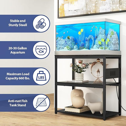 20-29 Gallon Fish Tank Stand with Power Outlets, 3-Tier Metal Aquarium Stand, Breeder Reptile Tank Stand with Shelf for Home Office, 660LBS Capacity, 29.5 x 15.8 x 30.1 inches, Black