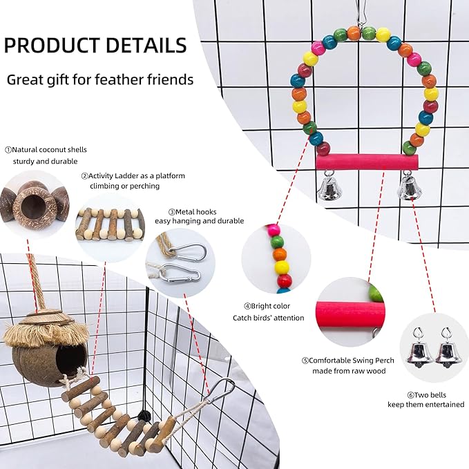 Hamiledyi Coconut Bird Nest Hut with Ladder Hanging Birds Hide House for Parrots Parakeet Conures Cockatiel