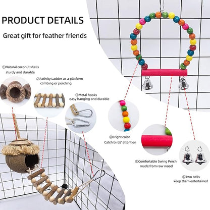 Hamiledyi Coconut Bird Nest Hut with Ladder Hanging Birds Hide House for Parrots Parakeet Conures Cockatiel