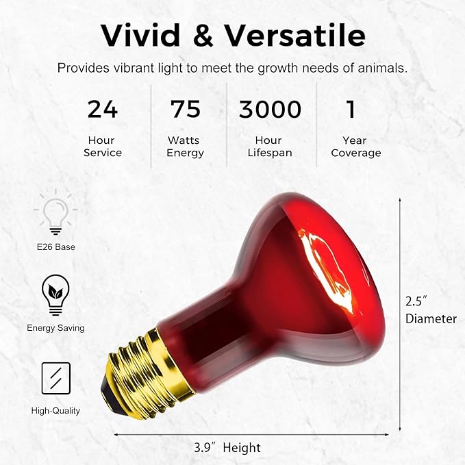 Reptile Heat Lamp Bulb 75W 2PCS, Infrared Heat Emitter Red Heat Lamp for Reptile Amphibian, Infrared Basking Spot Light Bulb