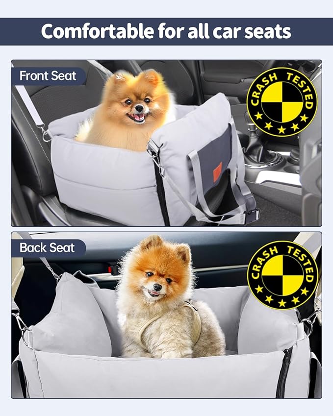 Medium Dog Car Seat for Medium Sized Dogs, Car Seat for Small Dogs with Side Zipper, Waterproof Dog Travel Bed in car with Storage Pockets Up to 25lbs, Memory Foam Filling for Max Support, Light Gray