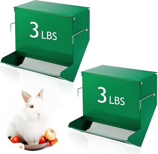 Maxcheck 2 Pcs Rabbit Feeder for Cages Small Animal Food Dispenser with Lid Metal Chicken Grit Oyster Shell Feeders Outside(7.7 Inches,Mesh Bottom,Green)