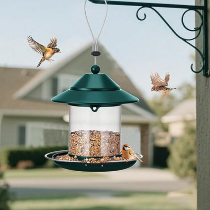Metal Roof Bird Feeder, Hanging Bird Feeders for Outdoors with 2LB Clear Tube Seed Capacity for Viewing Cardinal Finch, 360° Feeding Wild BirdFeeders for Outside Garden Yard Decoration