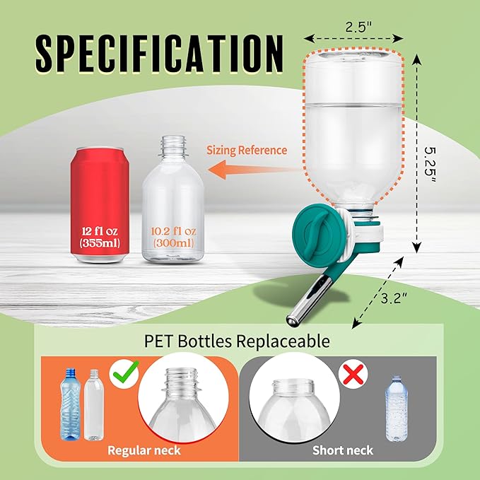 Choco Nose No-Drip Water Bottle Feeder for Guinea Pigs, Hamsters, Bunnies, Ferrets, & Small Pets, 10.2 fl.oz, 300ml - Easy to Install in Cages/Crates, US Patented Leakproof Nozzle 10mm, Green (C128)