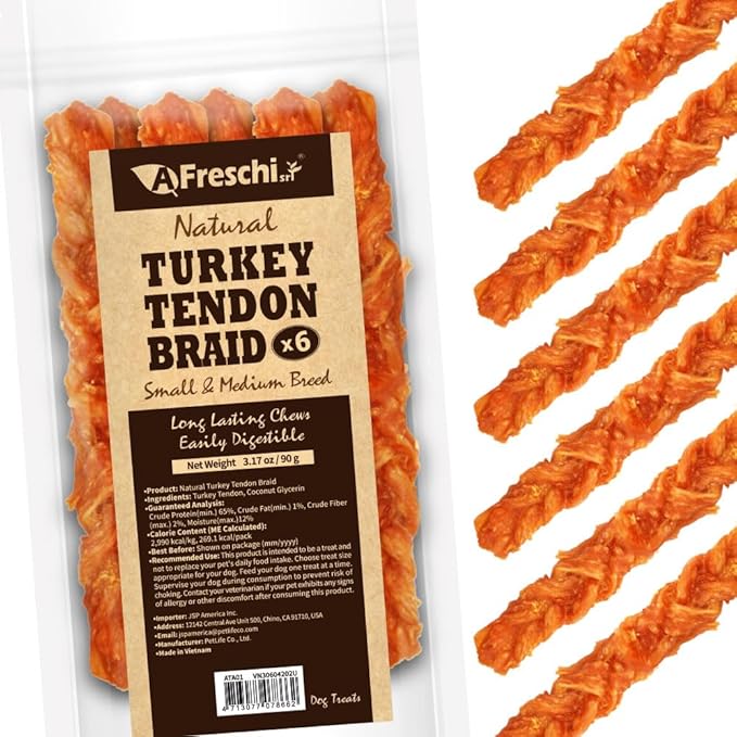 AFreschi Turkey Tendon Braid (M) 3.17 oz, USA-Sourced Turkey Tendon, All Natural Human Grade Dog Chew, Hypoallergenic, Rawhide Alternative, Dog Treats for Small & Medium Breeds