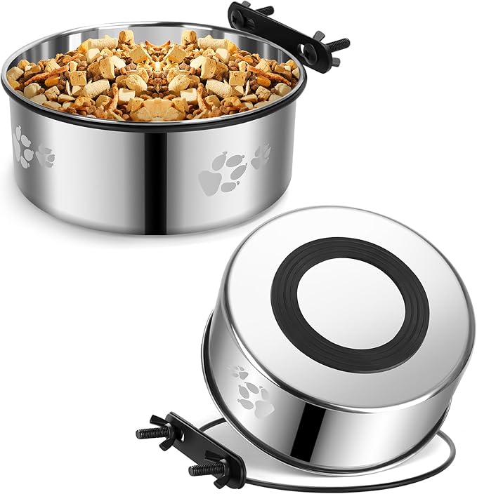 2 Pack Dog Crate Water Food Bowl No Spill,2-in-1 Hanging Dog Bowls for Kennel,Dogs Crate Water Feeder Dish,Stainless Steel Kennel Dogs Bowls Mountable with Non-Slip Bottom for Cats Bunny Ferret Bird