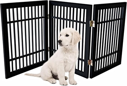 Pet Dog Gate Strong and Durable Freestanding Folding Acacia Hardwood Portable Wooden Fence Indoors or Outdoors by Urnporium (Black Pet Gate, 3 Panel 24" Tall)