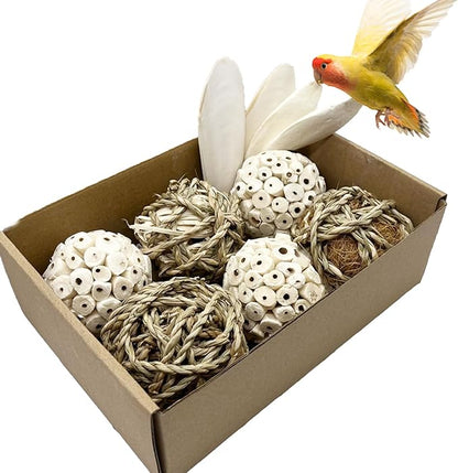 Bird Toys Sola Balls Parakeet Toys Soft Natural Chew Grass Balls with Cuttlebone for Parrots Conures Rabbits Hamster Guinea Pig Chinchilla (Style 1, 10 PCS)