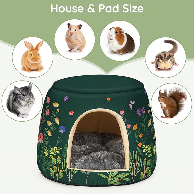Glittme Guinea Pig Hideout, 2 in 1 Guinea Pig Bed with Removable Pad, Washable Bunny Bed, Foldable Guinea Pig Accessories for Guinea Pig Cages, Guinea Pig, Bunny, Hamster, Hedgehog, Rabbit, Forest