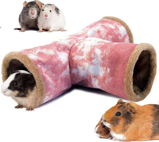 LeerKing Guinea Pig Tunnel 3 Way, Small Animal Hideout Toy Washable Canvas Fleece Tube Play Tunnel for Rats Ferret Bunny Gerbil Sugar Glider Chinchilla, Pink