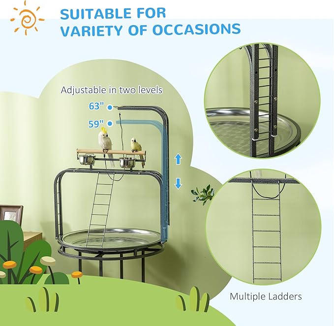 PawHut Parrot Stand Large Bird Perch Stand with Toy Hook & 3 Ladders, Parrot Perch with Easy Grip, Bird Wooden Stand, Gray