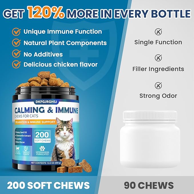 Cat Calming Treats, 200 Hemp Calm Soft Chews to Soothe Stressed Cats Anxiety Relief Reduce Stress & Promote Relaxation Immune Support Chicken Flavored