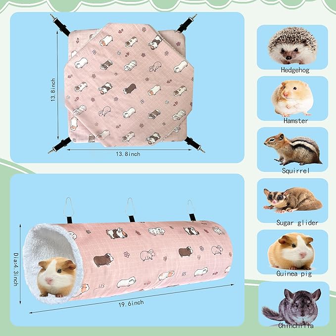 LUCKITTY Small Pet Hammock & Tunnel Set for Ferrets, Guinea Pigs, Rats - Plush Hideout Bed & Cage Toy, 2-Pack, Pink Guinea Pig Print