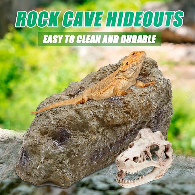 Reptile Rock Reptile Cave Hideout for Snakes/Geckos/Lizards/Turtles and Other Amphibians, with Dinosaur Skull (Small)