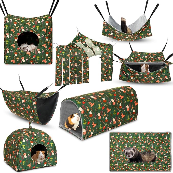 Geelin 8 in 1 Ferret Hammock Set Ferrets Cage Accessories Rat Chinchilla Guinea Pig Hideout Washable Soft Hamster Toys Hanging Tunnels Mats Curtains for Small Animals Pet Bunny Sugar Glider Gifts