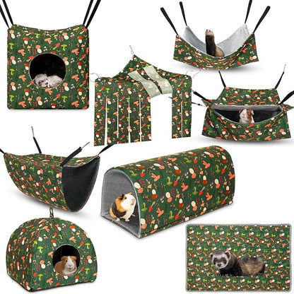 Geelin 8 in 1 Ferret Hammock Set Ferrets Cage Accessories Rat Chinchilla Guinea Pig Hideout Washable Soft Hamster Toys Hanging Tunnels Mats Curtains for Small Animals Pet Bunny Sugar Glider Gifts