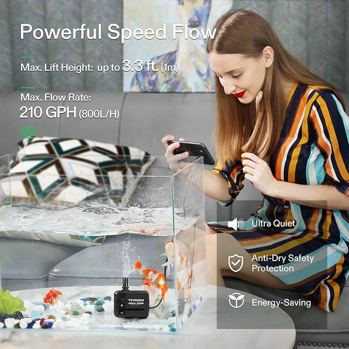 VIVOSUN 210GPH Submersible Pump(800L/H, 8W), Ultra Quiet Water Pump with 3.3ft High Lift, with 5ft Power Cord, 2 Nozzles for Fish Tank, Pond, Aquarium, Statuary, Hydroponics Black