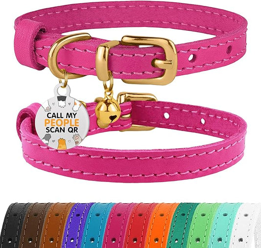 BRONZEDOG Leather Cat Collar with Removable Bells Non Breakaway Kitten QR Tag for Girl Boy (9" - 12" Cats/Mini Dogs, Pink & Gold)
