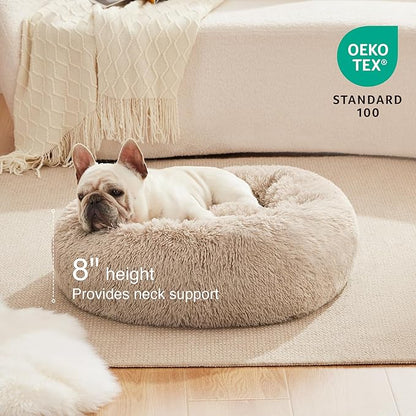 Love's cabin Calming Cat Bed for Indoor Cats,Anti-Anxiety Donut Round Dog Bed,Fluffy Faux Fur Washable Pet Bed for Small Medium Dogs and Cats,Taupe,24in