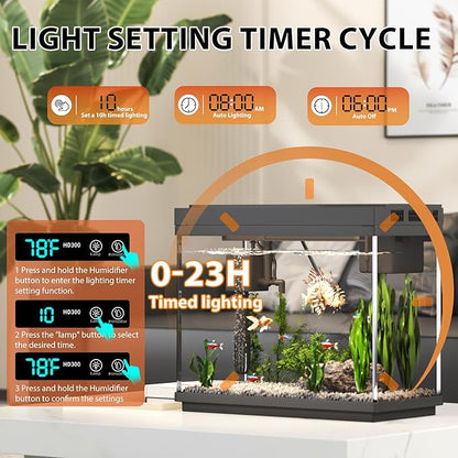 Fish Tank, 2.4 Gallon Fish Aquarium, Fish Tank Starter kit with Smart Humidifier, Temperature Display, 7-Color Lighting, 3 in 1 Quiet Pump with Filteration & Oxygenation & Circulation